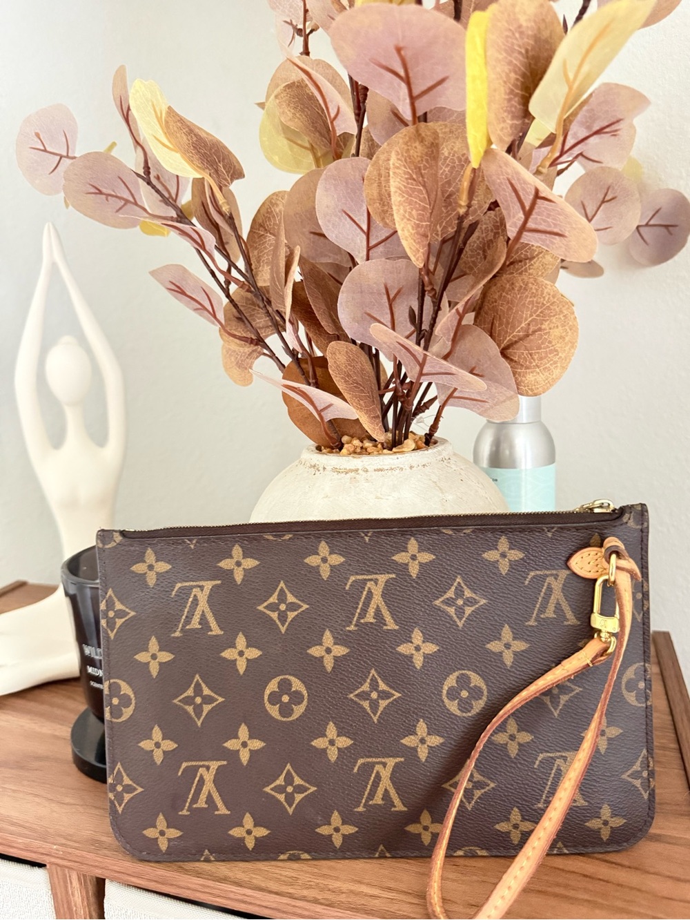 Louis Vuitton Brown Monogram Wristlet Clutch with Tan Strap